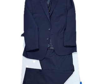 May include: A dark navy blue two-piece suit consisting of a single-breasted blazer with two front buttons, notched lapels, and long sleeves, paired with matching tailored trousers. The suit features a smooth, solid-colored fabric finish.
