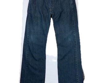 May include: A pair of dark blue denim jeans featuring a classic five-pocket design, a button fly closure, belt loops at the waistband, and straight-cut legs with subtle fading along the thighs and knees, constructed from durable cotton fabric.