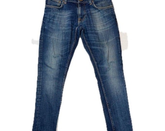 May include: A pair of blue denim jeans featuring a classic five-pocket design, a button fly closure, and a faded wash effect on the thighs and knees. The jeans have a straight-leg cut with visible orange stitching along the seams and pockets.