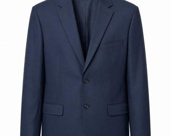 May include: A navy blue blazer featuring a notched lapel, two front buttons, a single chest pocket, and two flap pockets at the waist. The jacket has long sleeves and a structured silhouette with a visible brand label at the inner neckline.