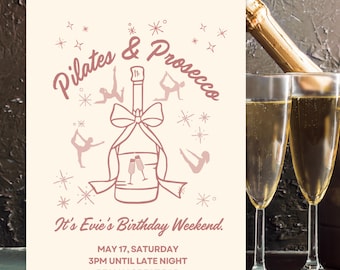 Invitación de cumpleaños con temática de Pilates y Prosecco: Invitación digital elegante (descarga instantánea)