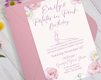 Pilates in Pink Birthday Invitation, Floral Fitness Party (Editable Template)