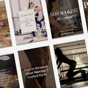 Puede incluir: Un collage de imágenes que promocionan clases de Pilates. Las imágenes presentan texto como "Reservas para agosto" y "Clase de Pilates con Nicole". El tema general es el fitness y el bienestar.