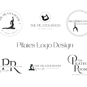May include: A selection of Pilates logo designs in monochrome. The logos display silhouettes of people in various Pilates poses, alongside the text "The Pilates Room" and "by Anna Sofia". The words "Pilates Logo Design" are also visible.