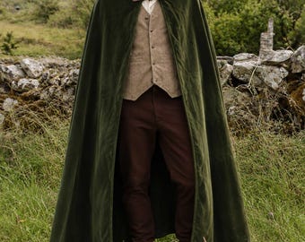 Capa medieval masculina de veludo com capuz, capa renascentista, traje viking para LARP, capa de ranger gótica fantástica, roupa de mago para cosplay em feiras renascentistas.