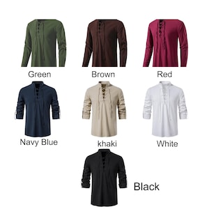 Pode incluir: Uma cole&ccedil;&atilde;o de camisas de manga comprida em v&aacute;rias cores: verde, castanho, vermelho, azul marinho, c&aacute;qui, branco e preto. Cada camisa apresenta um decote com atacadores e mangas enroladas. As cores est&atilde;o rotuladas abaixo.