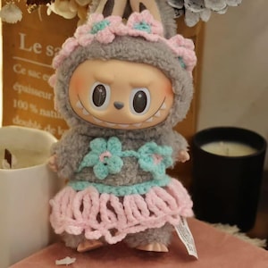 Labubu Doll Hawaiian Outfit: Fuzzy Grey Suit, Crochet Flower Skirt & Headband