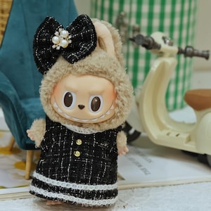 Handmade Black Tweed Dress for 17cm Labubu Doll, Elegant Vintage Doll Outfit, Pop Mart Labubu Clothes for Display or Gift
