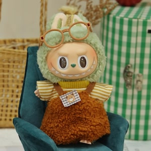 Handmade Fuzzy Overalls Outfit for 17cm Doll, Outfit for Labubu, Striped Doll Shirt, Cozy Clothes for Display, Perfect for Doll Collectors
