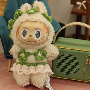 Labubu Summer Bikini Outfit – White Fuzzy Suit with Green & Pink Crochet Flowers, Fits 17cm Pop Mart Labubu Doll, Handmade Beach Costume