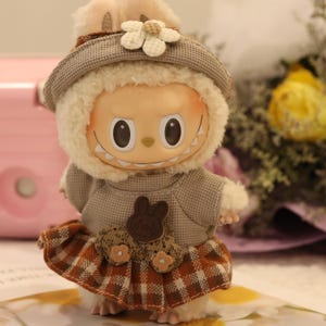 Handmade Labubu clothes for 17cm Doll outfit, Cozy bunny outfit, Winter plaid skirt, Doll uniform , Labubu dress, Cute doll accessory