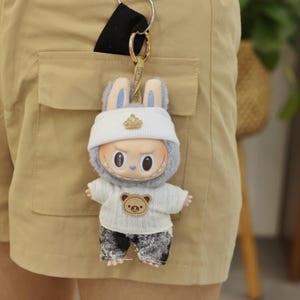 White Knit Outfit for Pop Mart Labubu Doll, Handmade Bear Sweater and Jeans Set with Doll Hat, Cute Winter Style Clothes for 17cm Doll