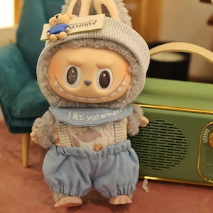 Handmade Fall Outfit for Labubu Doll, Denim 17cm Doll Overalls, Fit for Macaron & Have a Seat Series Collectors, Cute Doll Costume