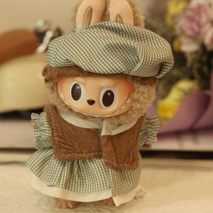 Handmade Labubu Doll Clothing for 17cm doll, Green Plaid Dress, Knit Vest, Labubu Outfit Set, Clothes for Macaron & Have a Seat Series