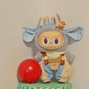 Labubu Handmade Doll Clothes, 17cm Doll Outfit, Blue Bunny Hat & Overalls Set, Cute Labubu Clothes, Kawaii Dollwear for Spring, Labubu hat