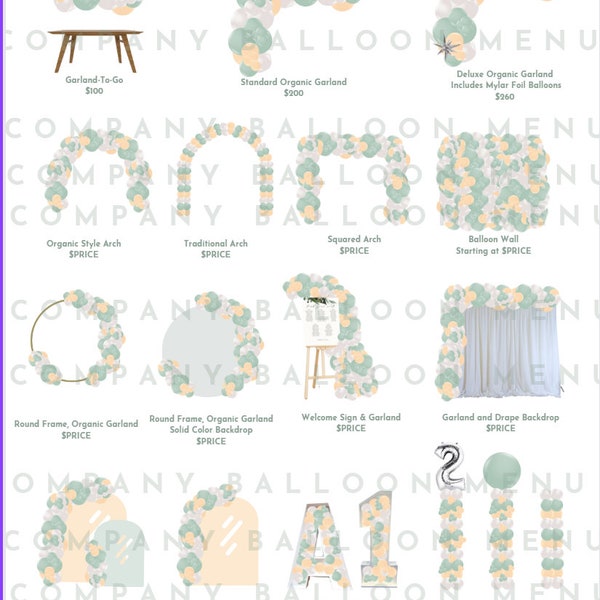 Yellow and Sage Green Spring Theme Balloon Pricing Menu Canva Template Download with Marquee Numbers Balloon Arch Balloon Menu