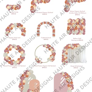 May include: A pricing menu for balloon decorations. The menu features different styles of balloon garlands, arches, walls, and drapes. The balloons are in shades of beige, brown, and pink.