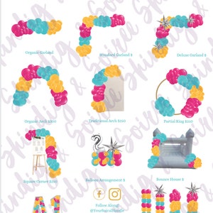 Hot Pink Yellow Turqouise Balloon Pricing Menu Canva Template Download - balloon columns - Balloon Backdrop - Balloon Garland