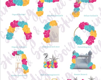 Plantilla de menú de precios de globos: rosa fuerte, amarillo y turquesa (descarga digital de Canva)
