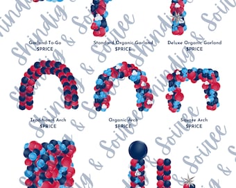 Plantilla Canva para descargar menú de precios de globos rojos, blancos y azules