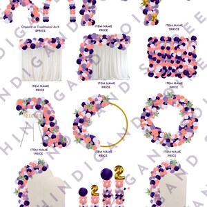 Purple and Coral Balloon Pricing Menu Canva Template Download - balloon columns - Chiara wall