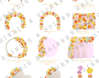 Plantilla de menú de precios de globos: Diseño Canva "Vintage Pop" rosa, naranja y azul (descarga digital)