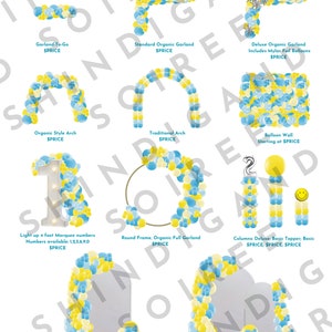 Yellow and Blue Balloon Pricing Menu Canva Template Download with Marquee Numbers Balloon Arch Balloon Menu