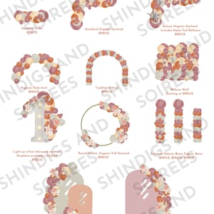 Puede incluir: Un menú para una empresa de globos que ofrece diferentes arreglos de globos, incluyendo guirnaldas, arcos, paredes y columnas. Los arreglos están hechos con globos de estilo orgánico en tonos marrones, beige y rosa. El menú también incluye información de precios para cada arreglo.
