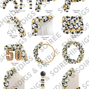 May include: A menu for a balloon company featuring different balloon arrangements in black, white, and gold. The arrangements include arches, garlands, columns, and a ring. The menu also includes the text "Balloon Company Menu" and "Fine Print | Taxes | Info | Delivery Info".