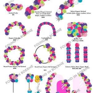Könnte beinhalten: Eine Speisekarte für ein Ballon-Dekorationsunternehmen namens "Found in Boerne". Die Speisekarte listet verschiedene Ballonarrangements und deren Preise auf. Die Arrangements umfassen Girlanden, Bögen, Wände und Säulen. Die Speisekarte enthält auch einen Ballon-Burst, ein Geburtstags-Paket und eine Beschreibung der Liefer- und Installationsdienste.