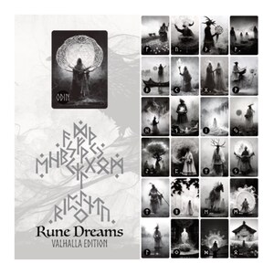 May include: Black and white illustration of a rune card deck with the word "Odin" and the text "Rune Dreams Valhalla Edition".