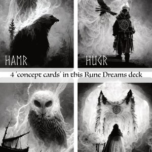 May include: Four black and white concept cards with runes and imagery. The cards are titled "HAMR", "HUGR", "HAMINGJA", and "FYLGJA".