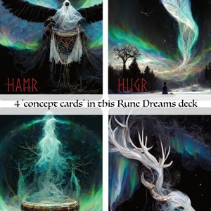 Puede incluir: Cuatro cartas conceptuales de la baraja Rune Dreams. Las cartas muestran una figura encapuchada con las alas extendidas, una pluma brillante, un caldero del que sale humo y un ciervo blanco con cuernos. Las cartas tienen un fondo oscuro con una aurora boreal verde y azul en el cielo.