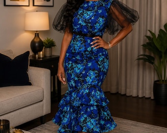 Afrikanskt tryckt midiklänning för kvinnor | Handgjord Ankara elegant kortärmad afrikansk mode | Unik födelsedags- och bröllopsgästoutfit
