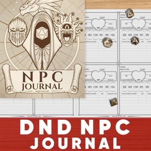 May include: A beige NPC Journal cover featuring line art of a dragon, a helmeted figure, and a beholder, with the text NPC JOURNAL ADZHI DIAS ART. Beside it are white character sheets with heart-shaped HP icons and several metallic polyhedral dice.