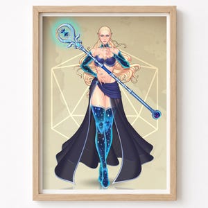 以下が含まれることがあります： 光る青い杖を持った金髪のエルフのキャラクターのデジタルイラスト。キャラクターはダークブルーのトップス、深いスリットの入ったロングスカート、星空模様のサイハイブーツを着用しており、背景はベージュ色で描かれています。