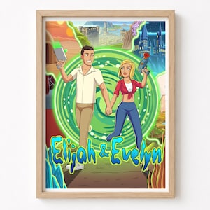 May include: A framed digital illustration featuring two cartoon characters holding hands in front of a glowing green portal. The character on the left wears a white shirt and tan pants, while the character on the right wears a red top and blue jeans. The text Elijah & Evelyn appears in blue at the bottom.