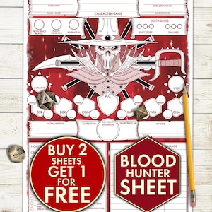 May include: A tabletop role-playing game character sheet with a red background featuring a skull-faced figure in a wide-brimmed hat. The sheet includes text fields for stats and abilities, with overlay text reading BUY 2 SHEETS GET 1 FOR FREE and BLOOD HUNTER SHEET.