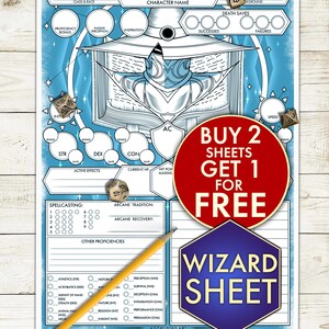 May include: A blue-themed tabletop role-playing character sheet featuring a central wizard illustration, various stat boxes, and spellcasting trackers. The sheet is decorated with scattered metallic polyhedral dice and a yellow pencil.