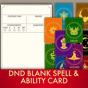 Op de afbeelding: Een blanco spreuken- en vaardigheidskaartsjabloon met velden voor castingtijd, bereik, componenten en duur, vergezeld van een verzameling kleurrijke rechthoekige kaarten met gouden iconen en de tekst Druid en Wizard.