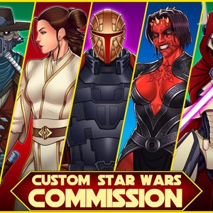 May include: Digital illustration featuring characters from the Star Wars universe. The artwork showcases five figures with distinct designs, including a bounty hunter, a Jedi, a Mandalorian, a Sith, and a droid. The image includes the text "CUSTOM STAR WARS COMMISSION".