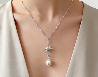 Collar de estrella de plata de ley con colgante de perla de estrella del norte, regalo para ella, aniversario de cumpleaños, delicado collar de capas.