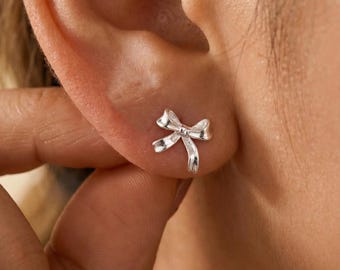 Cute Bow Stud Earrings for Women, 925 Sterling Silver Dainty Earrings, Minimal Gold Silver Bow Earrings, Everyday Jewelry Gift