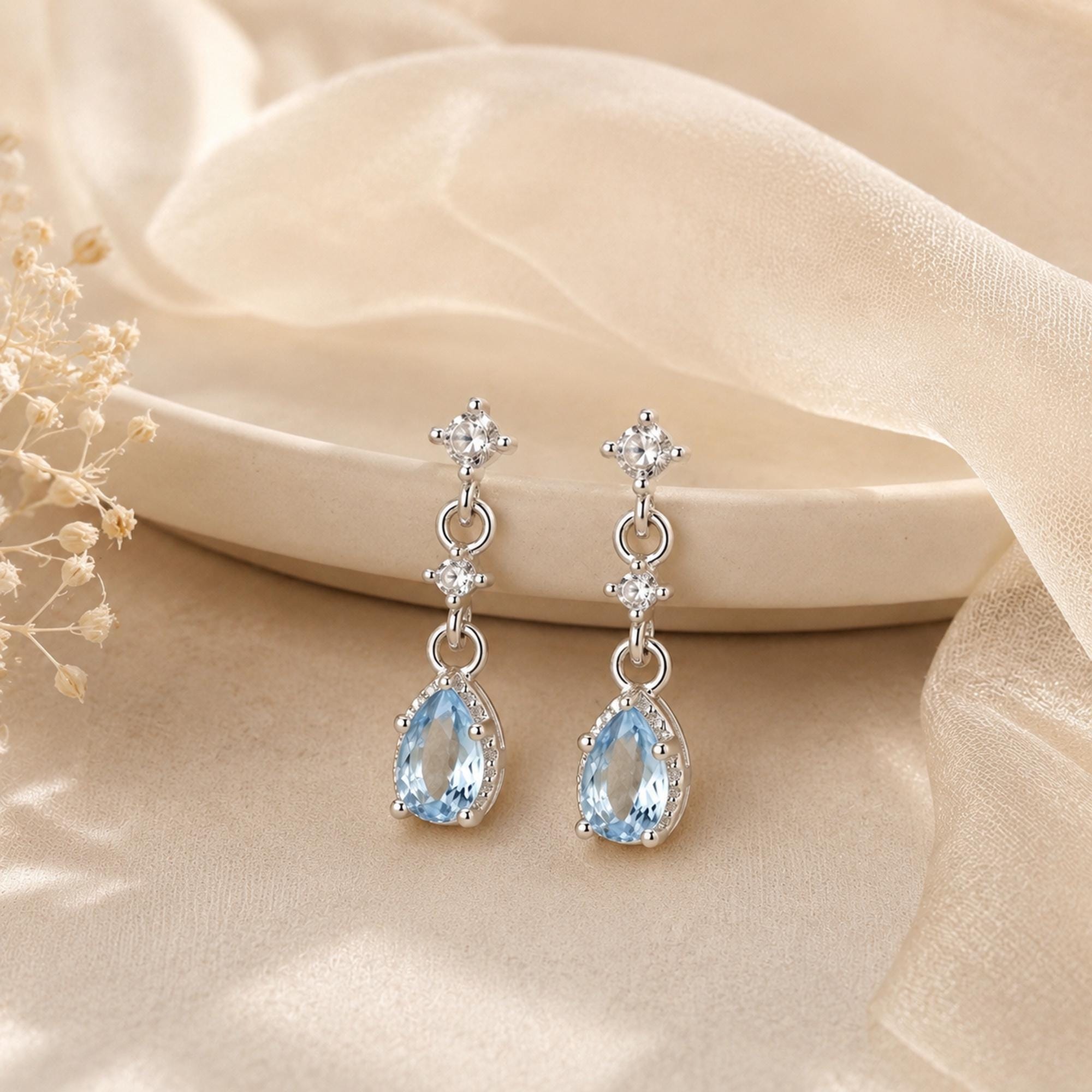Light Blue Teardrop Earrings, 925 Silver Drop Earrings, Dainty Everyday…