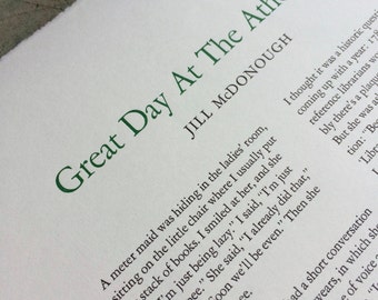 Letterpress Broadside - Jill McDonough, "Great Day at the Athenæum"