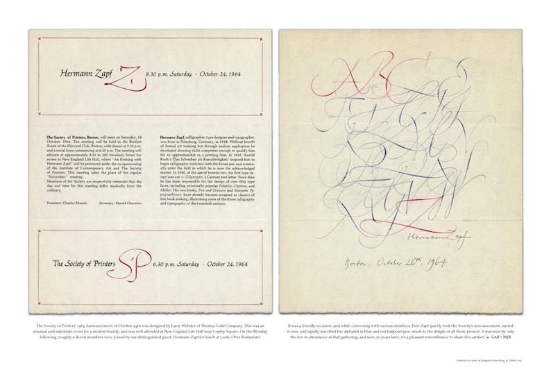 Hermann Zapf Calligraphy / Society of Printers Broadside image 1