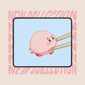 May include: A pink cartoon character is held by chopsticks on a blue background, set within a black rectangle. The words "NEW COLLECTION" are in pink on a beige background. The character has black eyes and red feet.