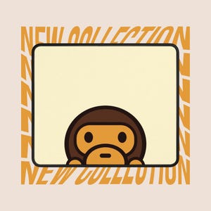 May include: A beige mousepad featuring a cartoon ape character with a brown head and orange face. The mousepad has a black border and a light beige center. The words "NEW COLLECTION" are printed in orange around the border.
