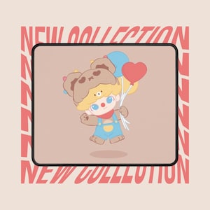 May include: A mousepad featuring a cartoon character in a bear hat holding balloons. The character wears blue overalls and a red scarf. The background is a light pink with the words "NEW COLLECTION" in a diagonal, red font.