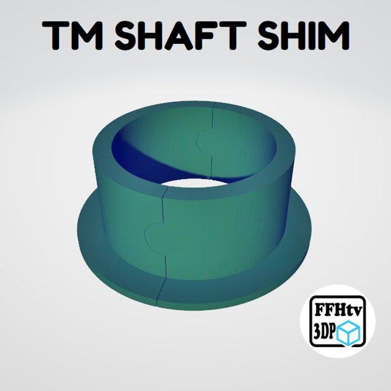 K&ouml;nnte beinhalten: Eine t&uuml;rkisfarbene, zweiteilige zylindrische Wellenscheibe mit Flanschbasis. Der Text TM SHAFT SHIM ist &uuml;ber dem Objekt aufgedruckt, und ein kleines kreisf&ouml;rmiges Logo mit dem Text FFHtv 3DP und einem W&uuml;rfelsymbol befindet sich unten rechts.